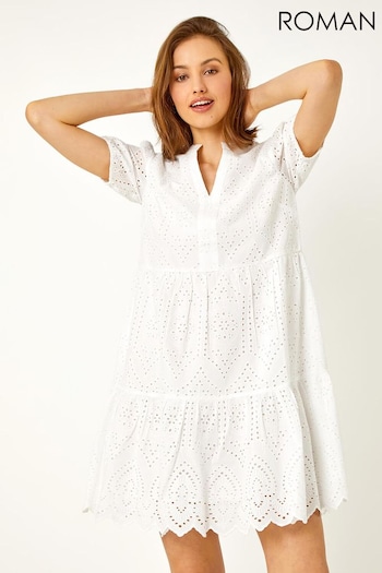 Roman White Embroidered Tiered Cotton Smock Dress (Q64713) | £48