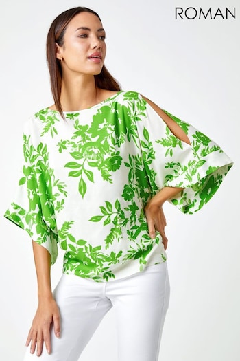 Roman Green Floral Print Cold Shoulder Top (Q64717) | £30