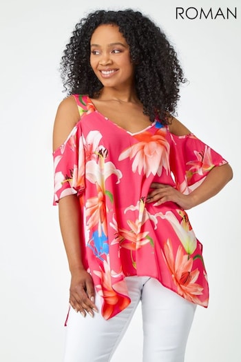 Roman Pink Petite Floral Print Cold Shoulder Tunic Top (Q64726) | £30