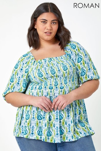 Roman Green Curve Ditsy Floral Shirred Stretch Top (Q64737) | £32