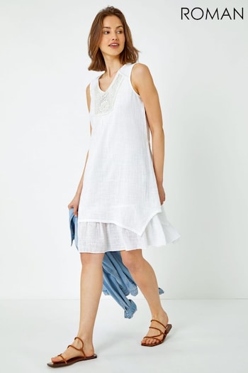 Roman White Cotton Crochet Yoke Self Tie Dress (Q64743) | £38