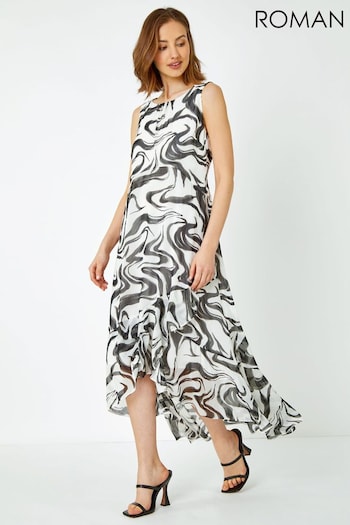 Roman White Swirl Print Chiffon Midi Dress (Q64752) | £55