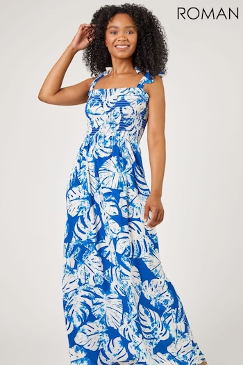 Roman Blue Petite Tropical Print Shirred Maxi Dress (Q64762) | £45
