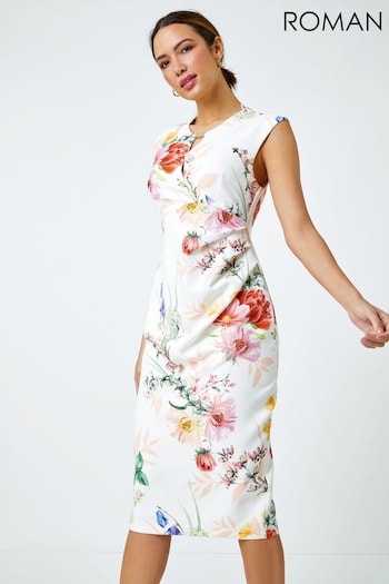 Roman White Floral Print Ruched Midi Dress (Q64763) | £55