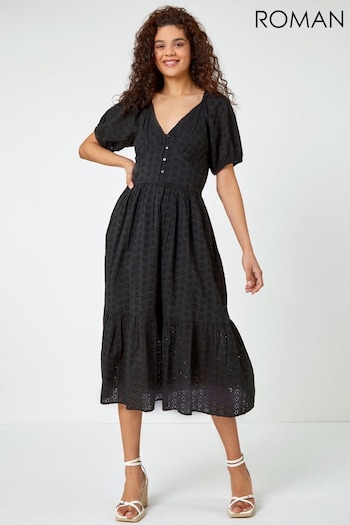 Roman Black Broderie Puff Sleeve Tiered Midi Dress (Q64773) | £50
