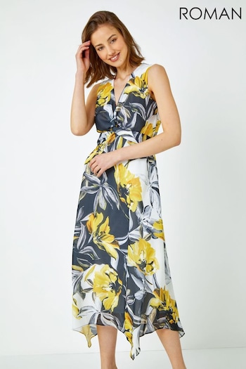 Roman Yellow Floral Print Twist Front Midi Dress (Q64786) | £55