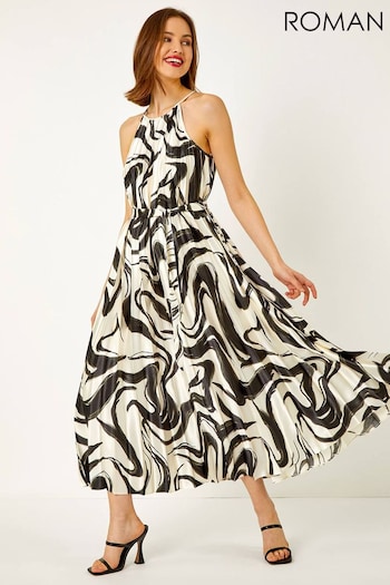 Roman White Swirl Print Pleated Midi Dress (Q64802) | £70