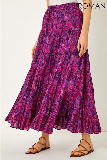 Roman Purple Feather Print Tiered Cotton Maxi Skirt (Q64807) | £35