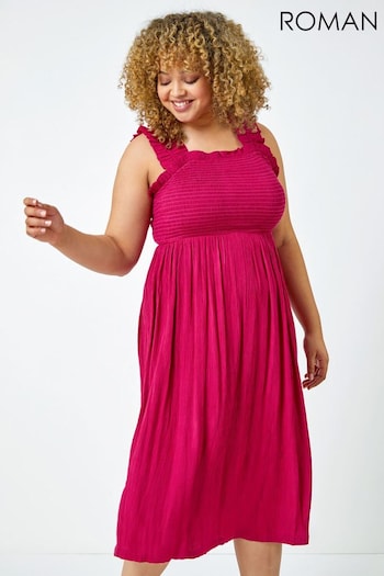 Roman Pink Curve Shirred Frill Detail Midi Dress (Q64816) | £36