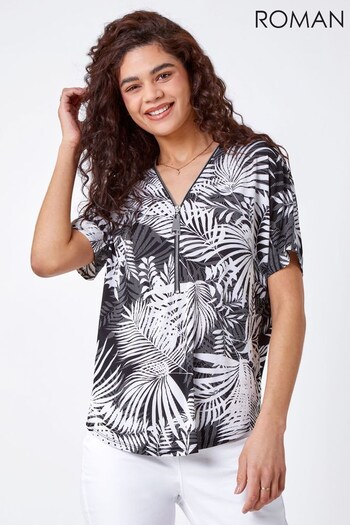 Roman Black Palm Print Zip Front Stretch Top (Q64833) | £28