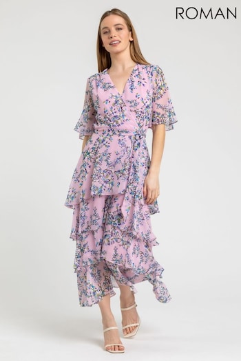 Roman Purple Petite Floral Print Tiered Dress (Q64836) | £65