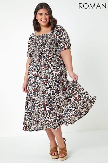 Roman Brown Curve Animal Shirred Tiered Midi Dress (Q64846) | £48