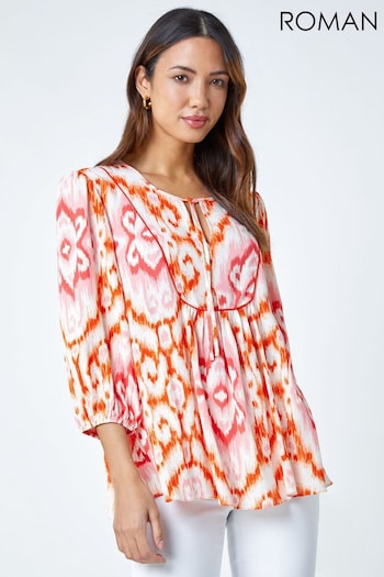 Roman Orange Abstract Print Tie Detail Smock Top (Q64848) | £35