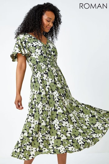 Roman Green Floral Shirred Stretch Midi Dress (Q64859) | £42