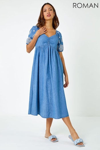 Roman Blue Cotton Embroidered Denim Midi Dress (Q64860) | £45