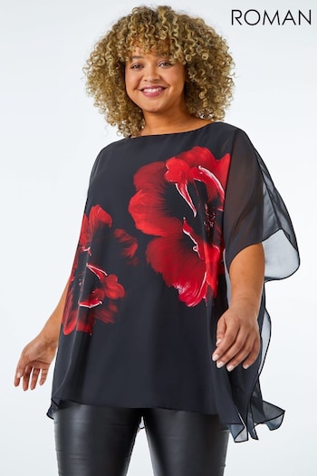 Roman Red Curve Floral Chiffon Overlay Top (Q64866) | £40