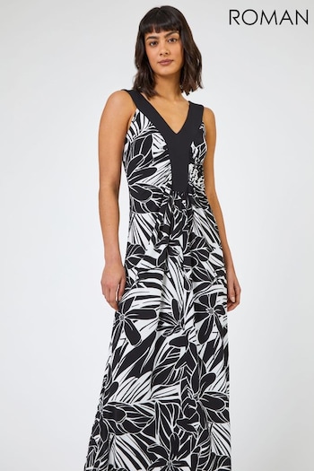 Roman Black Floral Print Contrast Band Maxi Dress (Q64873) | £42
