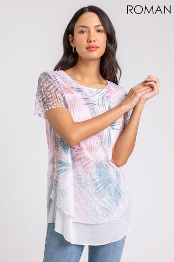 Roman Pink Sequin Mesh Overlay Print Top (Q64879) | £28