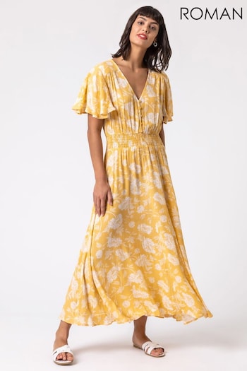 Roman Yellow Floral Print Tiered Midi Dress (Q64889) | £42