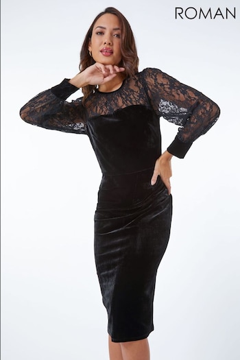 Roman Black Lace Detail Bodycon Velvet Dress (Q64902) | £55