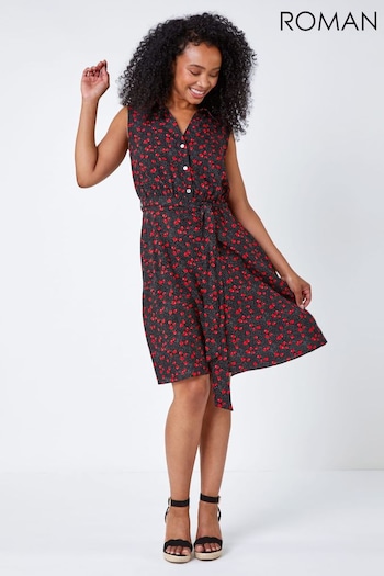 Roman Black Petite Floral Sleeveless Shape Shirt Dress (Q64919) | £40
