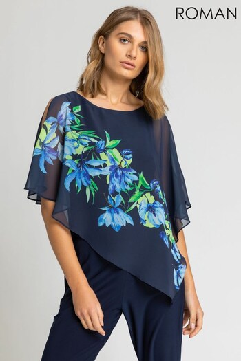 Roman Blue Floral Print Chiffon Cape Jumpsuit (Q64926) | £55