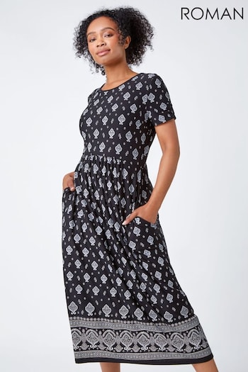 Roman Black Petite Border Print Stretch Midi Dress (Q64929) | £36