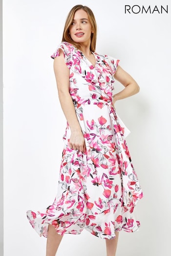 Roman Pink Petite Floral Chiffon Frill Dress (Q64930) | £55