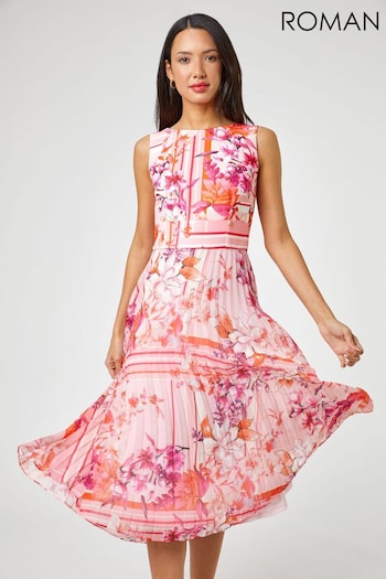 Roman Pink Floral Print Fit And Flare Pleated Dress (Q64933) | £60