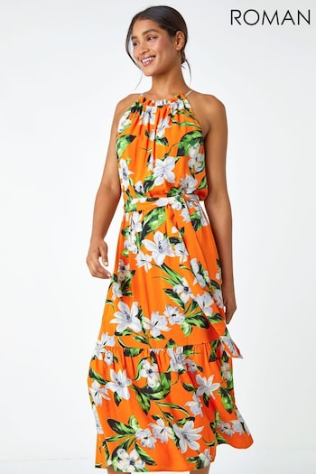 Roman Orange Tropical Floral Halterneck Tiered Dress (Q64942) | £45