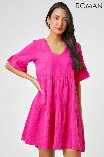 Roman Pink Textured Tiered Smock Dress (Q64944) | £40