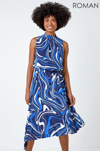 Roman Blue Sleeveless Swirl Print Midi Dress (Q64953) | £50