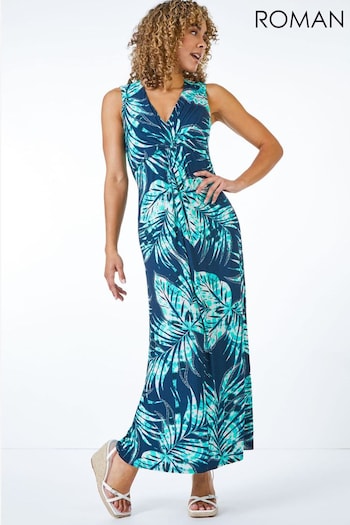 Roman Blue Petite Palm Print Twist Front Maxi Dress (Q64956) | £48