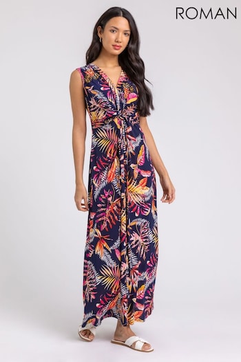 Roman Blue Tropical Puff Twist Detail Maxi Dress (Q64961) | £42
