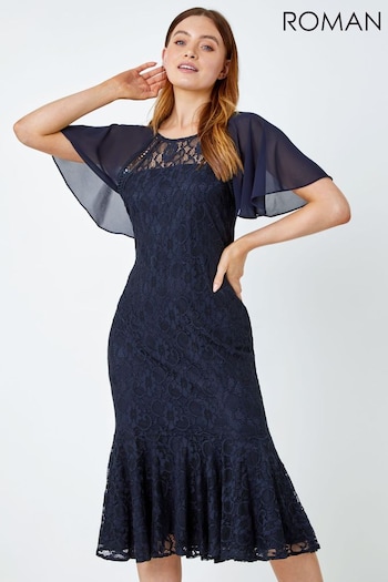 Roman Blue Angel Sleeve Stretch Lace Midi cotton Dress (Q64964) | £50