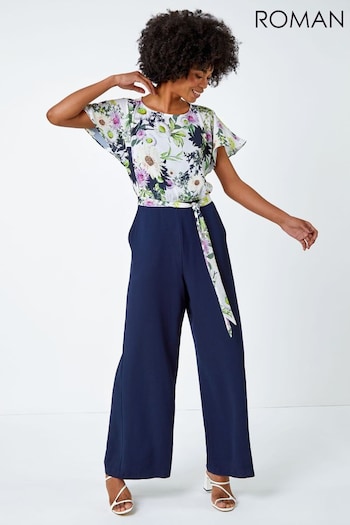 Roman Blue Floral Print Contrast Jumpsuit (Q64968) | £55