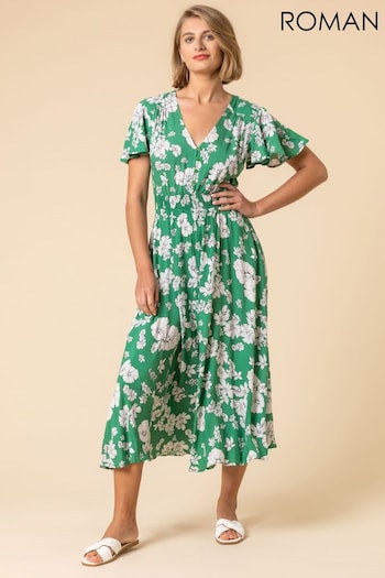 Roman Green Floral Print Tiered Midi Dress (Q64971) | £42
