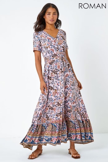 Roman Pink Floral Border Shirred Waist Maxi Dress (Q64981) | £48