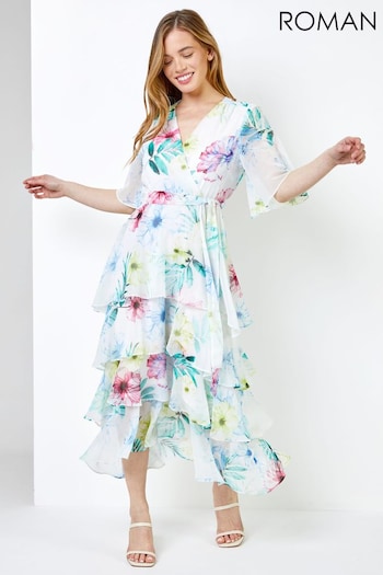 Roman White Petite Floral Print Tiered Dress Aueline (Q64990) | £65