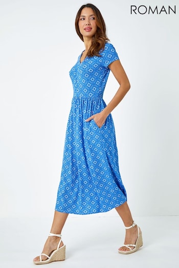 Roman Blue Tile Print Midi Stretch Dress Korte (Q64991) | £38