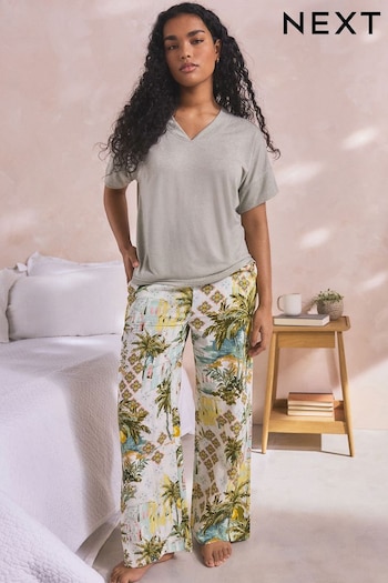 Sage Green Scene Print Linen Blend Short Sleeve Pyjamas (Q64994) | £32