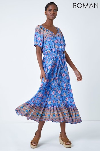 Roman Blue Floral Print Keyhole Maxi Dress (Q65006) | £45