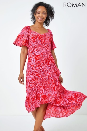 Roman Pink Petite Floral Print Ruched Midi Dress (Q65007) | £55
