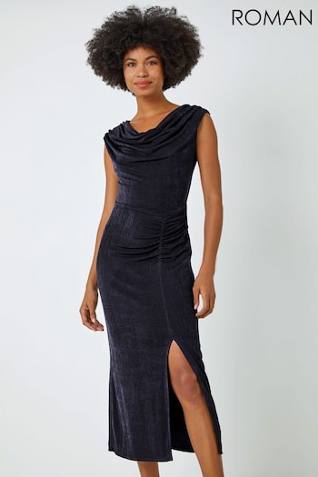 Roman Blue Cowl Neck Ruched Midi Dress (Q65014) | £45