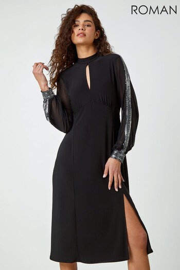 Roman Black Contrast Sleeve Sequin Midi Dress (Q65018) | £45