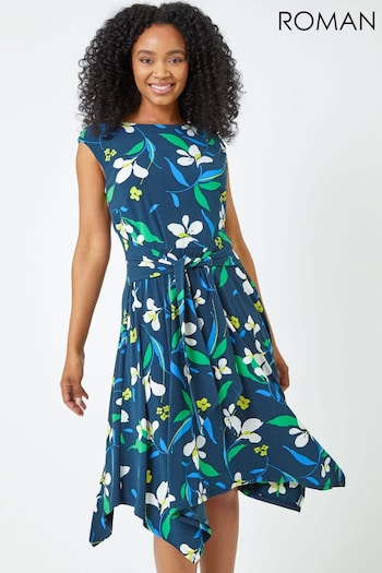 Roman Blue Petite Tie Waist Floral Dress (Q65041) | £42