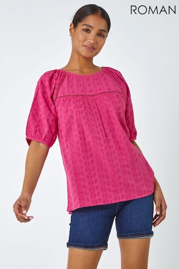Roman Pink Broderie Puff Sleeve Cotton Top (Q65046) | £28