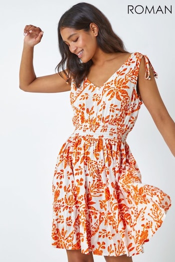 Roman Orange Floral Print Stretch Waist Dress (Q65049) | £38