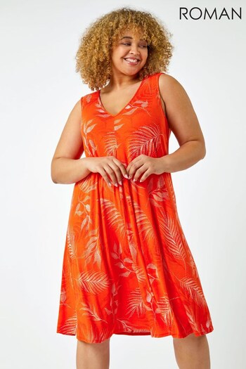 Roman Orange Curve Tropical Leaf Print Swing Dress (Q65065) | £35