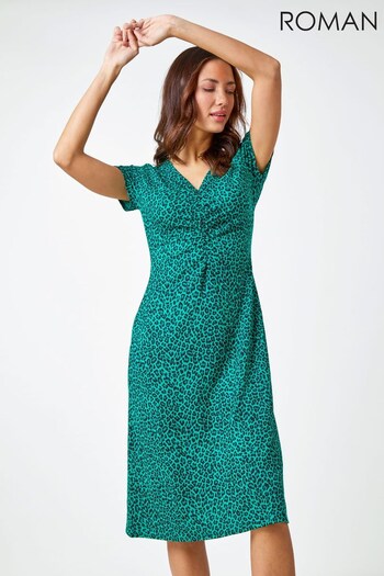 Roman Green Leopard Print Ruched Midi Dress (Q65072) | £36